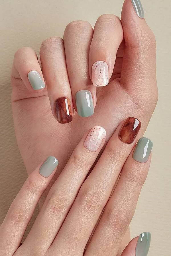 Mixed Color and Marble Short Nails