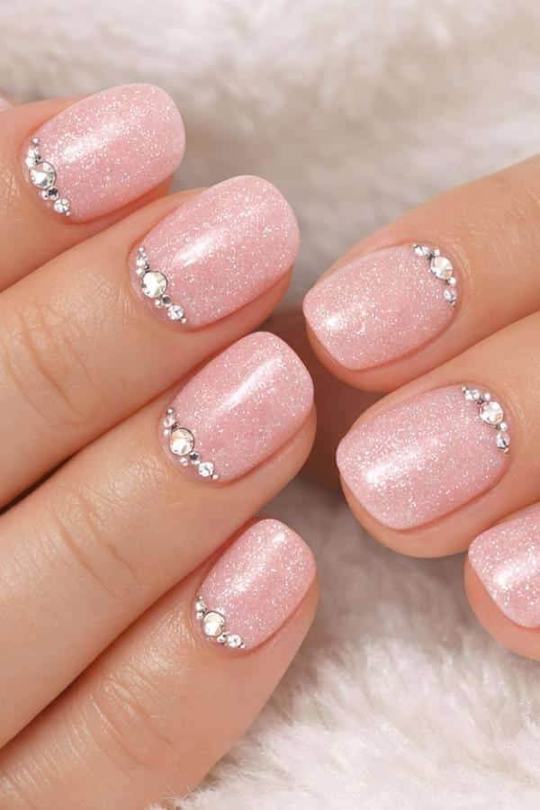 Pink Glitter Nails with Rhinestones