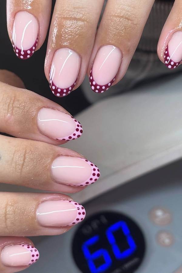 Burgundy Polka Dot French Tip Nails