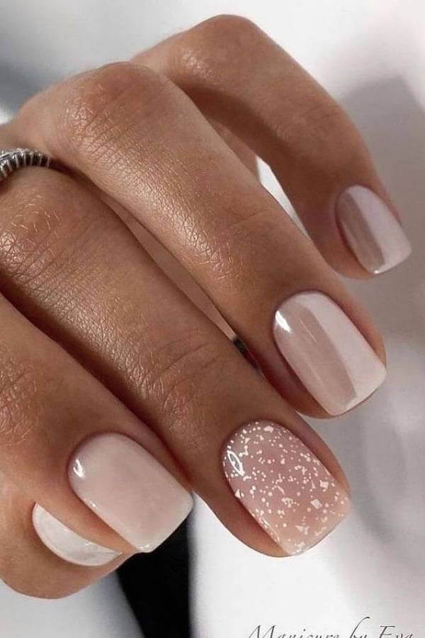 Nude Nails with White Glitter Accent