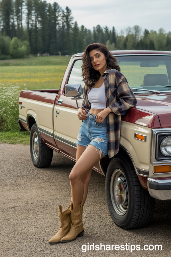 Ripped Shorts with Flannel Shirt and Cowboy Boots
