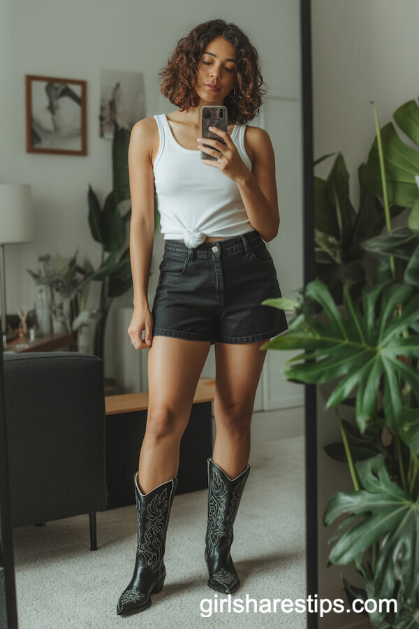 Black Shorts with White Tank and Cowboy Boots