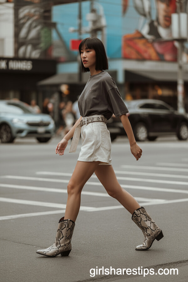 White Shorts with Gray Tee and Cowboy Boots