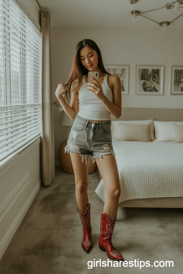 Cutoffs with Ribbed Tank and Cowboy Boots