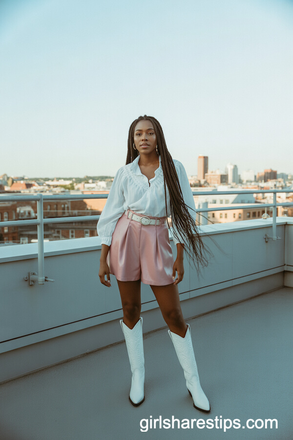 Pink Shorts with Frilly Blouse and Cowboy Boots