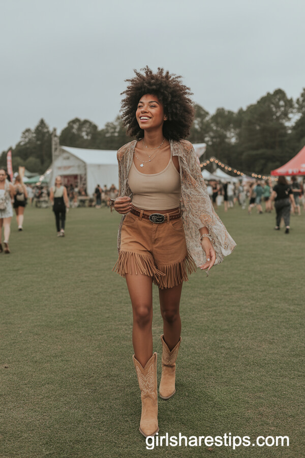 Fringed Shorts with Bohemian Top and Cowboy Boots