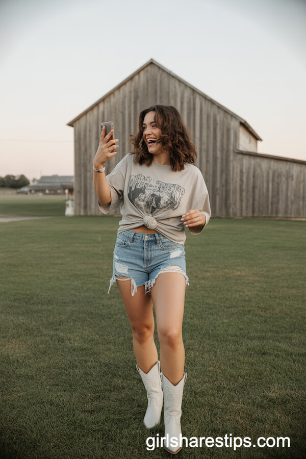 Distressed Shorts with Graphic Tee and Cowboy Boots