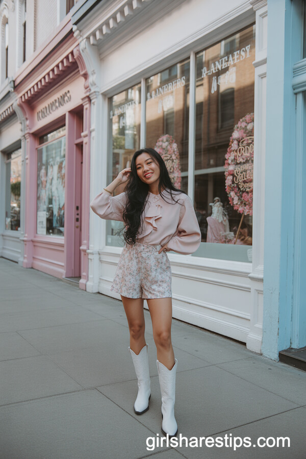 Floral Shorts with Ruffle Blouse and Cowboy Boots