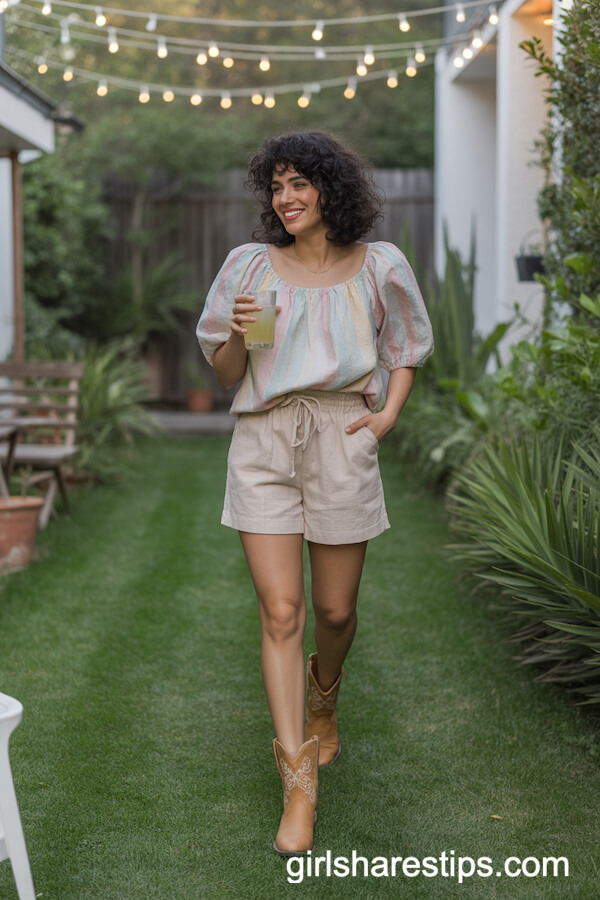 Linen Shorts with Puff Sleeve Blouse and Cowboy Boots