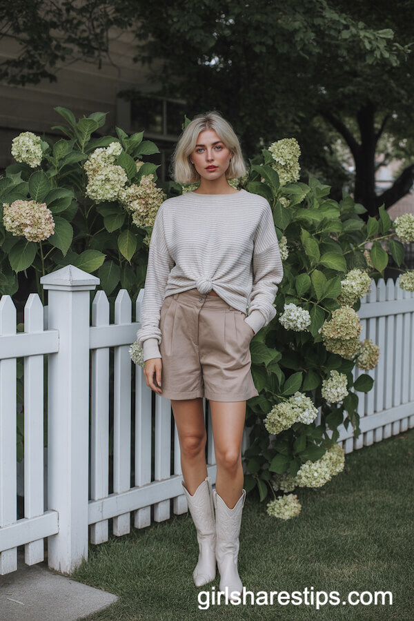 Khaki Shorts with Striped Sweater and Cowboy Boots