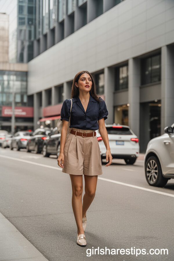 High-Waisted Beige Belted Shorts with Navy Blouse and Loafers