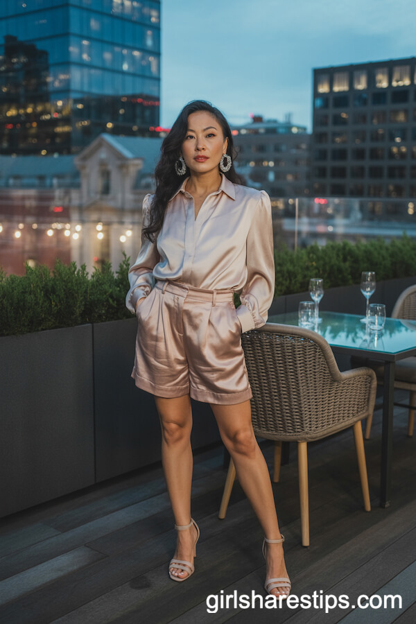 High-Waisted Silky Shorts with Elegant Blouse and Strappy Heels