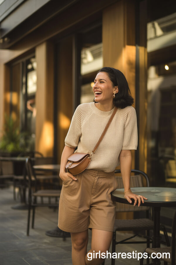 Tan Shorts with Oatmeal Knit Top and Saddle Bag