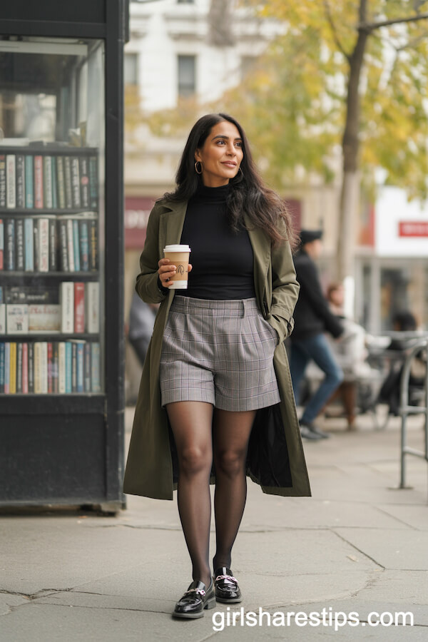 Grey Plaid Shorts with Black Turtleneck and Olive Trench Coat