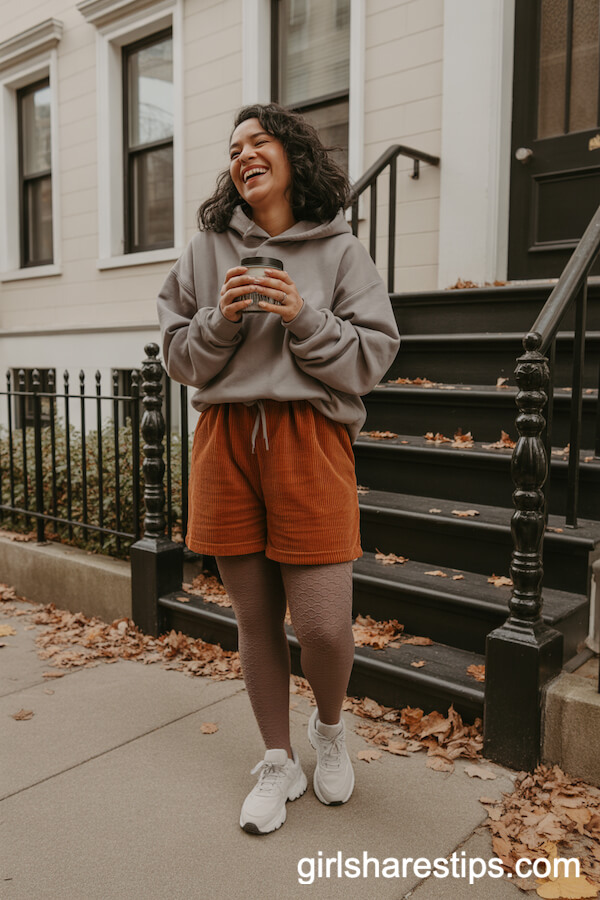 Burnt Orange Corduroy Shorts with Brown Tights and Oversized Hoodie