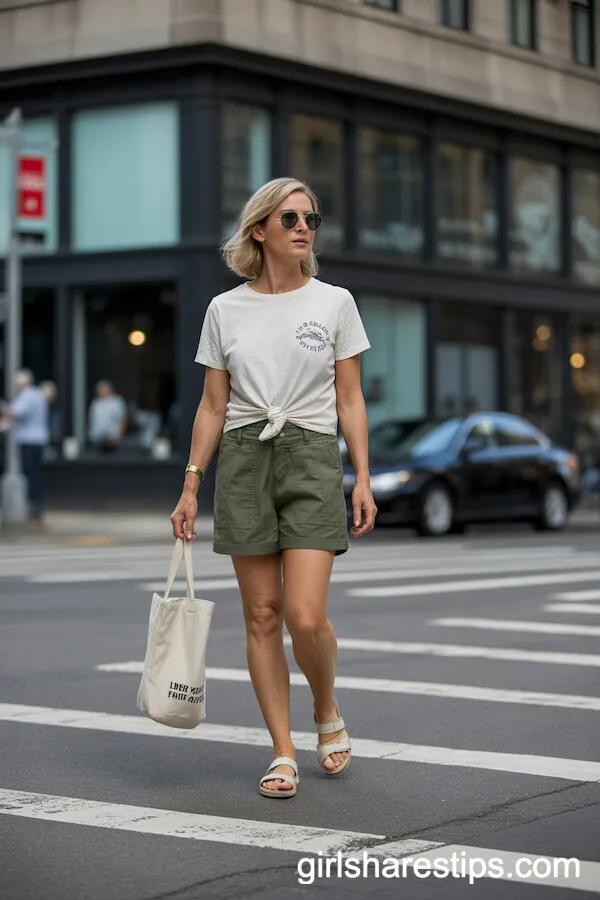 Olive Utility Shorts with Knotted Graphic Tee and Flat Sandals