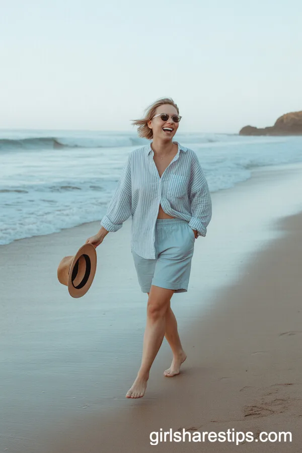 Pale Blue Bermuda Shorts with Striped Button-Down and Straw Hat