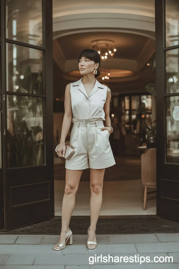 Cream Paperbag Shorts with Sleeveless Blouse and Block Heels