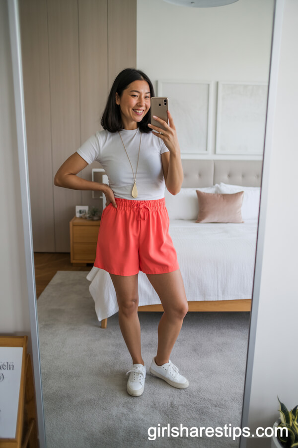 Vibrant Coral Shorts with Fitted White Tee and Sneakers
