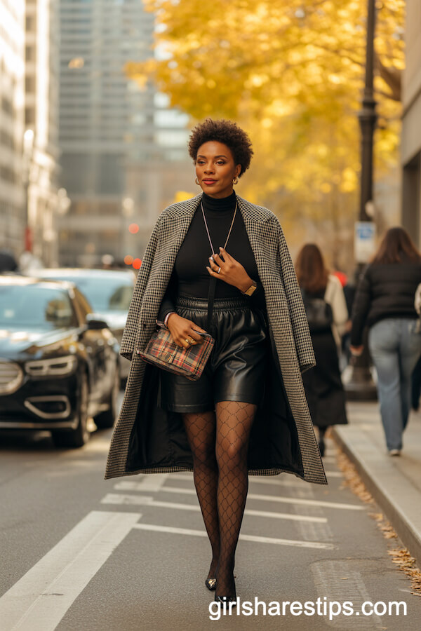 Black Faux Leather Shorts with Turtleneck and Oversized Checked Coat