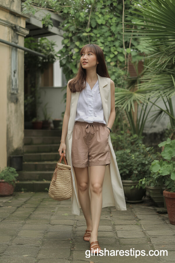 Stone-Colored Shorts with Long Vest