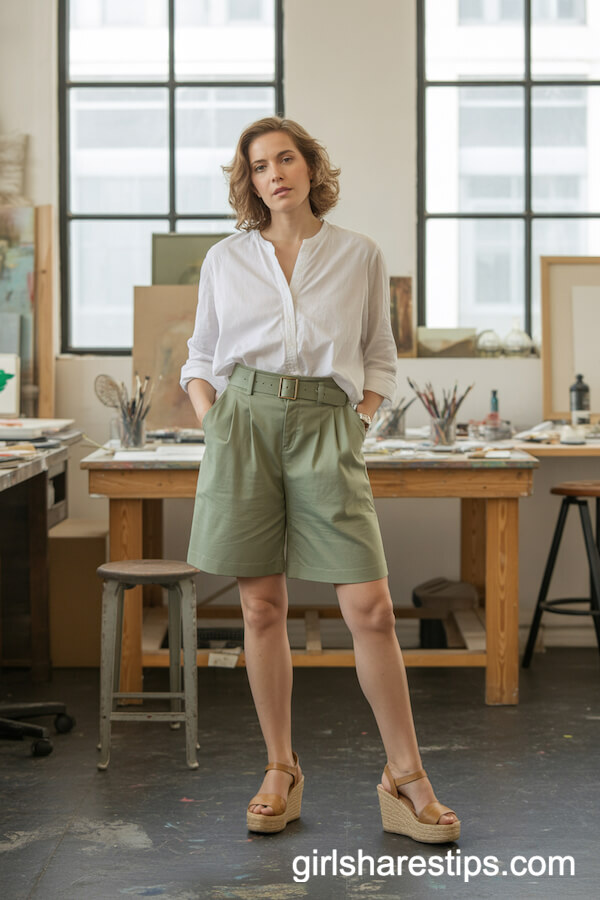 Sage Green Belted Shorts with Loose White Blouse