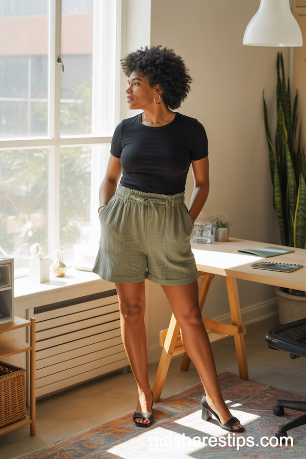 Soft Olive Green Paperbag Shorts with Black T-Shirt
