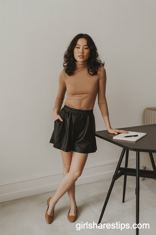 Camel Turtleneck with Flowy Shorts