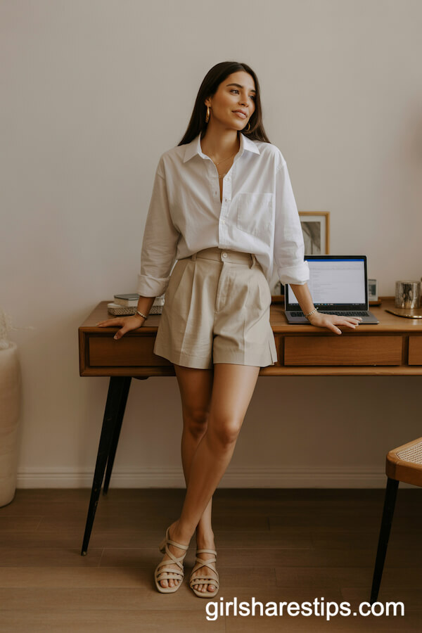 Oversized White Button-Down with Linen Shorts
