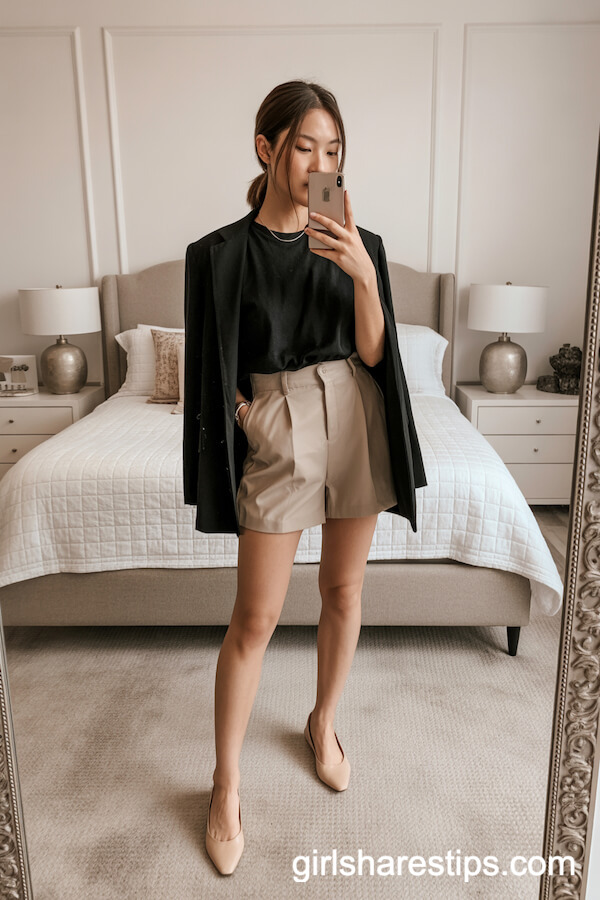 High-Waisted Beige Shorts with Black Blazer