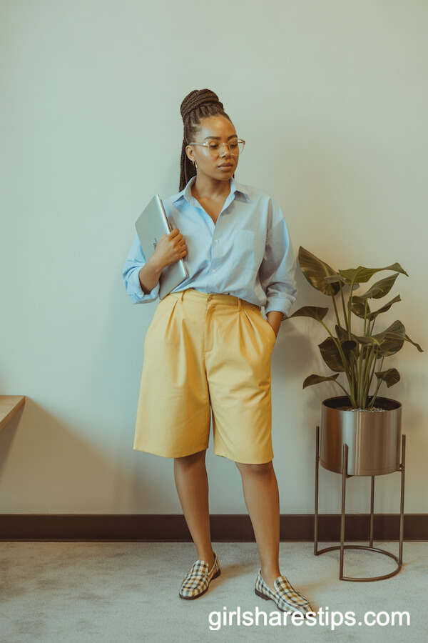 Light Blue Button-Down with Yellow Bermuda Shorts