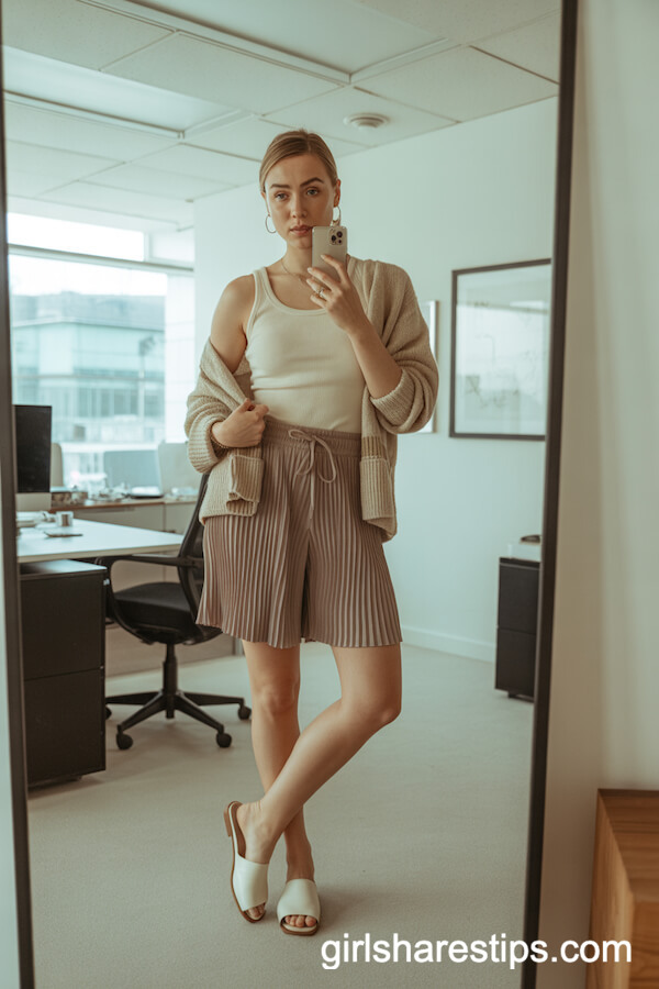 Taupe Pleated Shorts with Cream Tank Top