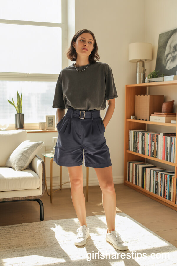 Belted High-Waisted Navy Shorts with Grey T-Shirt