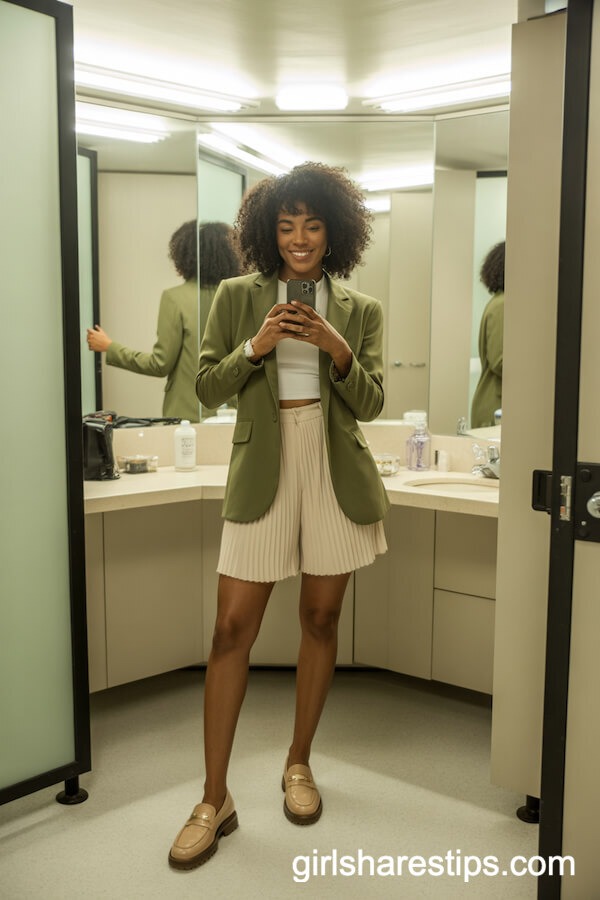 Ivory Pleated Shorts with Moss-Green Blazer