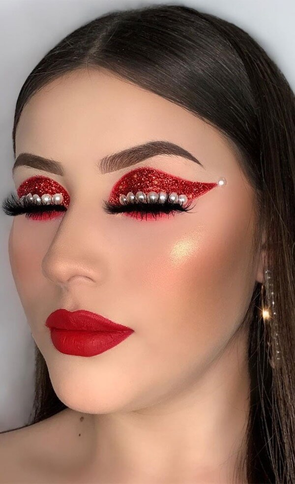 Red Glitter Eyes and Pearls Holiday Glam