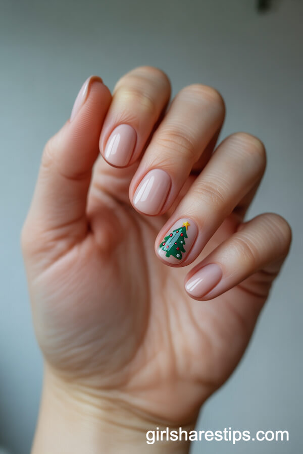 Soft Nude Nails with Christmas Tree Accent