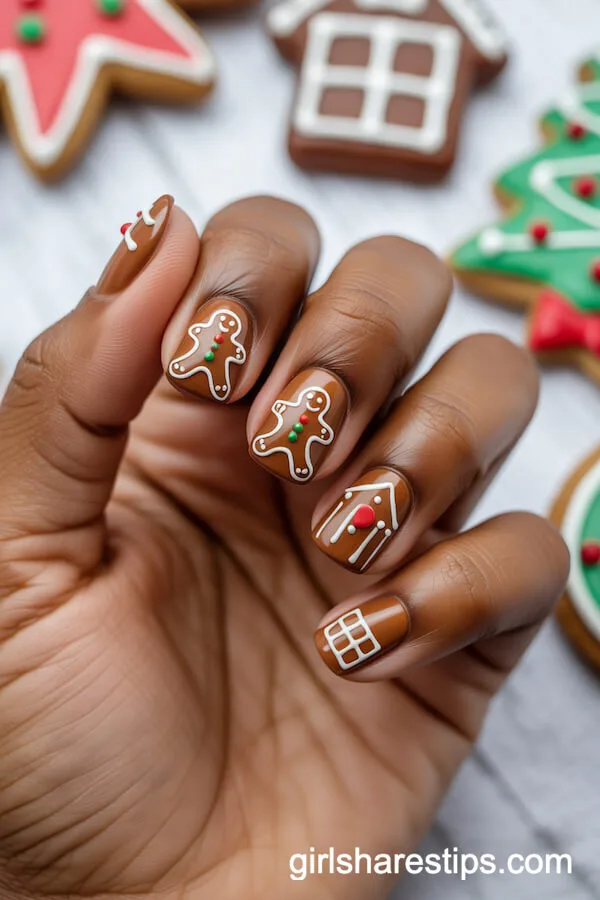 Gingerbread Man and House-Themed Nails