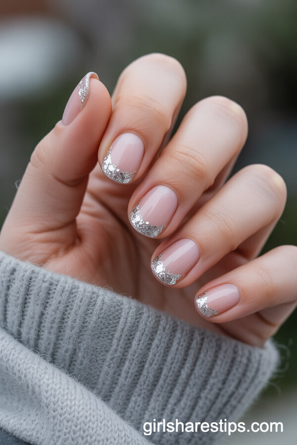 Pastel Pink Nails with Sparkling Silver Tips
