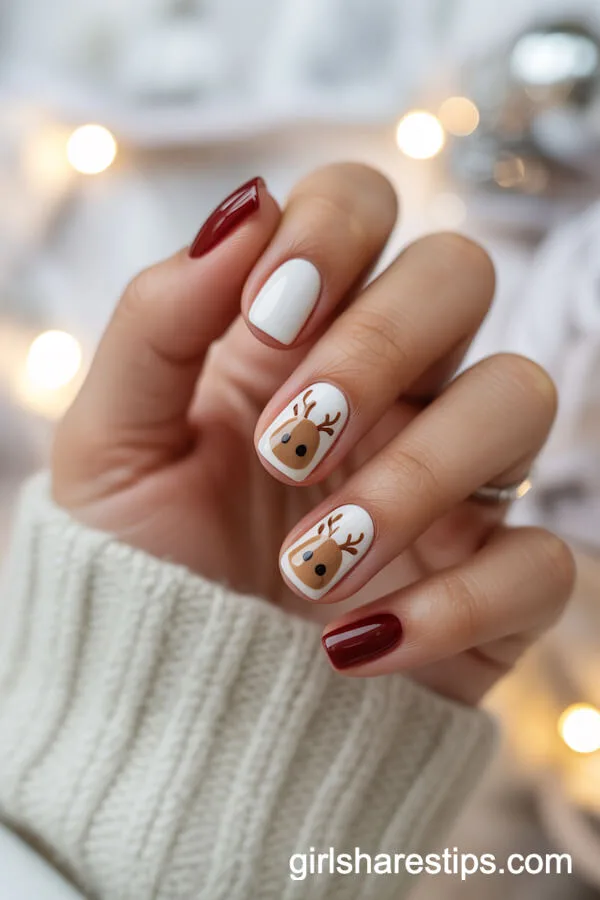 Cute Reindeer Face Winter Nails