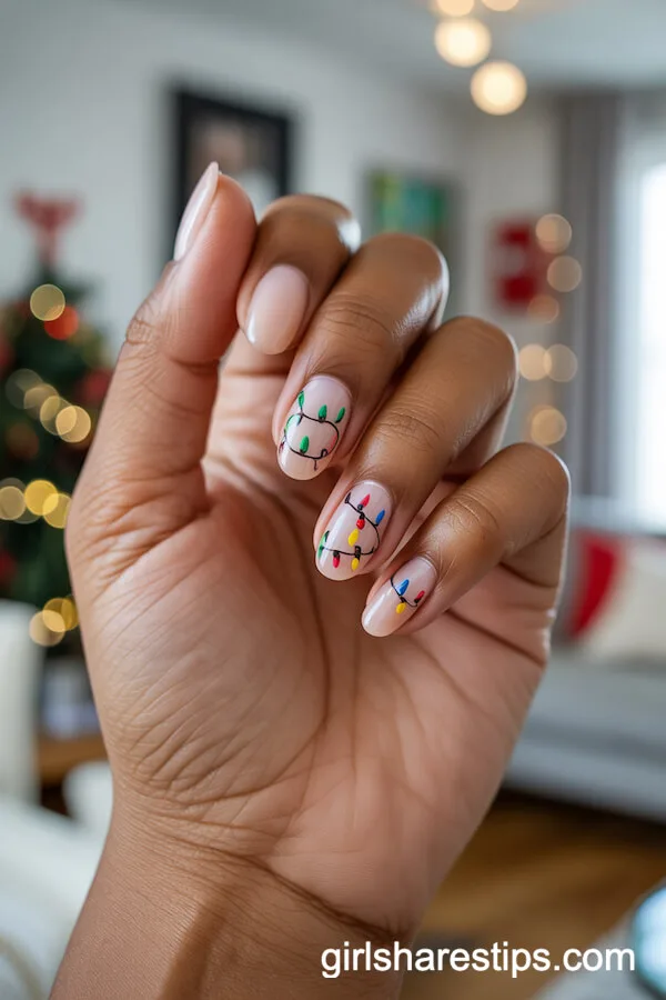 Nude Nails with Christmas Light String Art