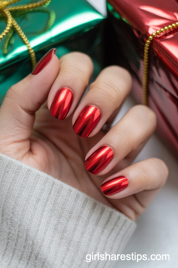 Metallic Red Chrome Holiday Nails