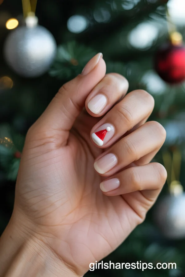 Neutral Nails with Santa Hat Accent