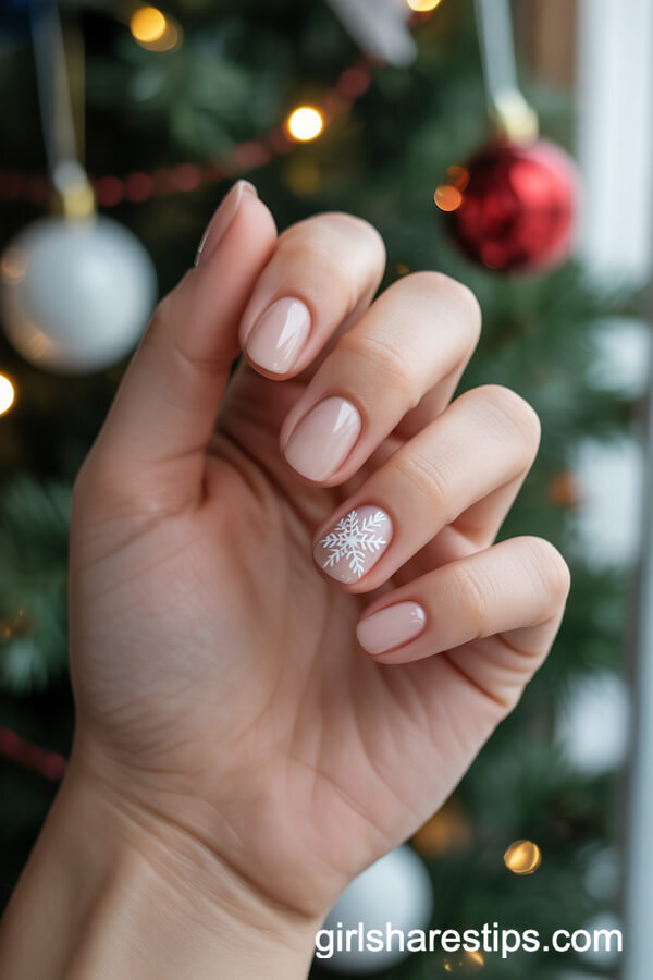 Nude Nails with Delicate White Snowflakes