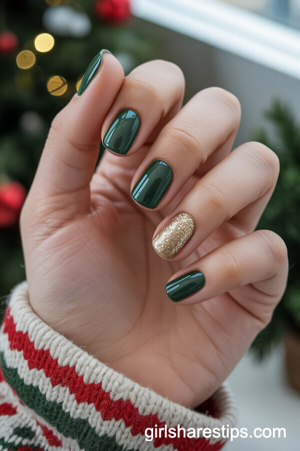 Forest Green Nails with Gold Glitter Accent