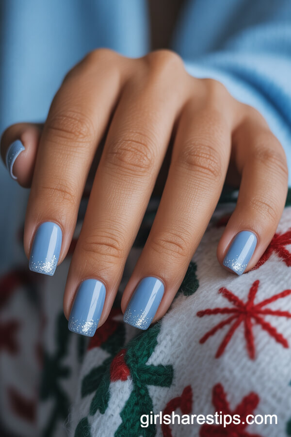 Frosty Blue Nails with Silver Glitter Tips