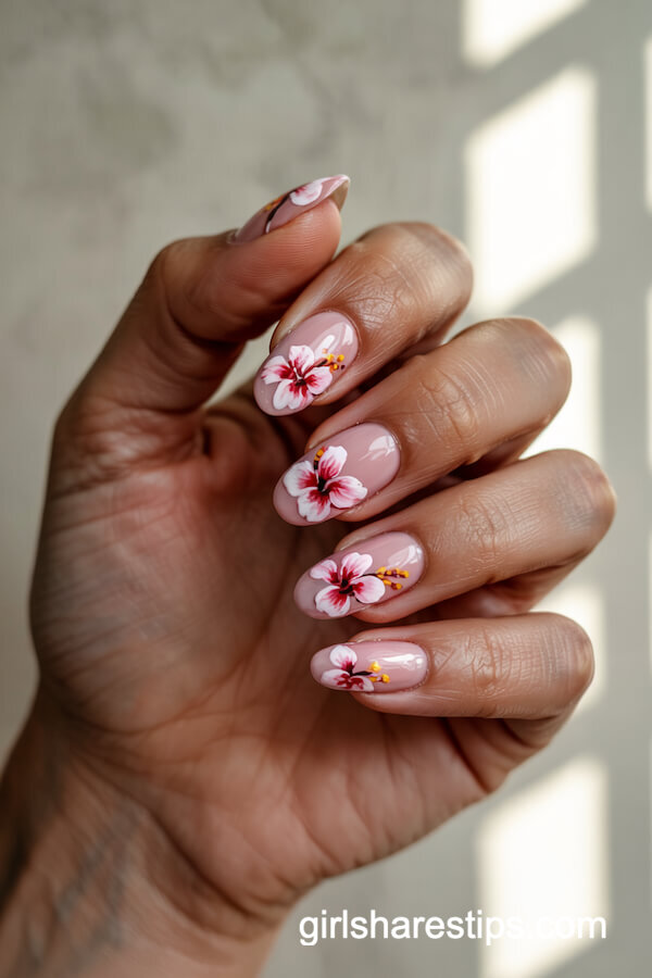 Pastel Pink Hibiscus Nail Art