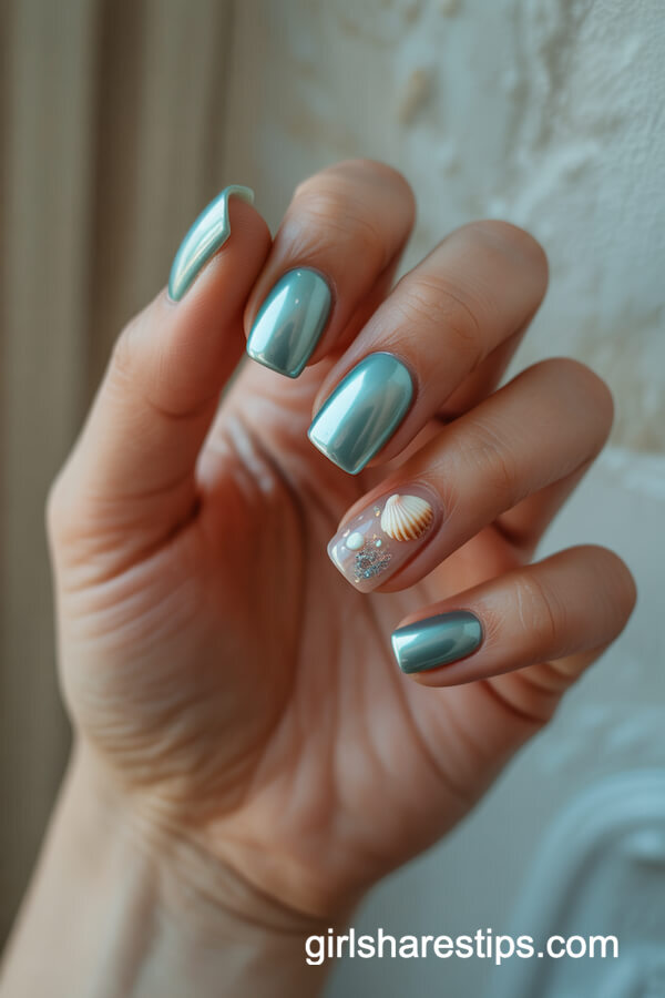 Pearly Teal Seashell Accent Nails