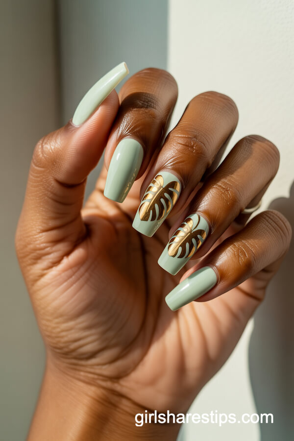 Mint Green Monstera Foil Nails