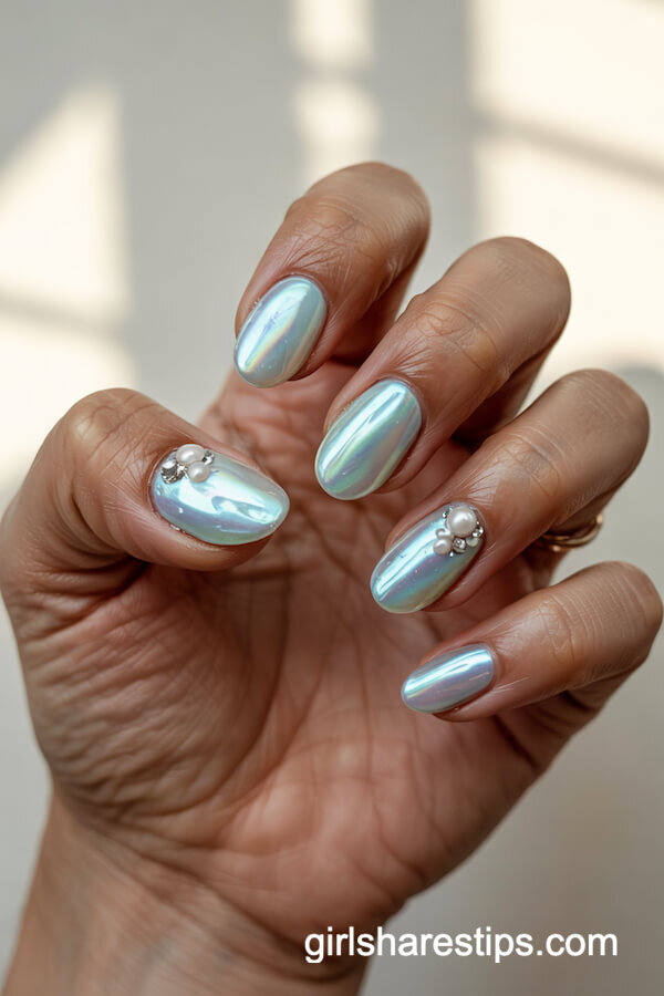 Iridescent Lagoon Pearl Nails