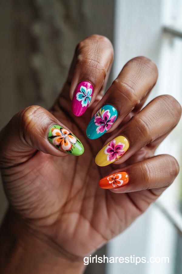 Bold Tropical Floral Nails